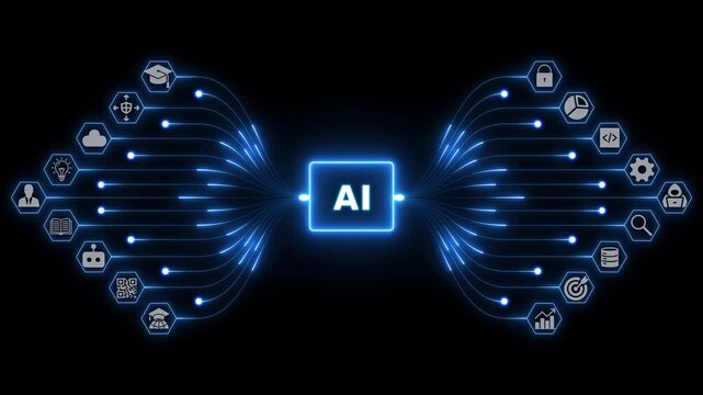 AI concept with connected technology icons and glowing digital pathways for intelligent automation across a futuristic digital network, 4k visuals
