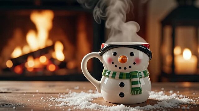 A ceramic mug shaped like a snowman steam rising slowly cozy cozy