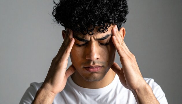 Young man suffering from a severe tension headache touching his temples with closed eyes expressing deep pain frustration stress and exhaustion.