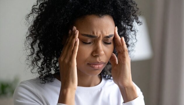 Stressed young woman with curly hair touching her temples feeling a severe headache or migraine while suffering from high pressure at home.