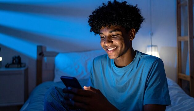 A happy young man sitting on his bed in a dark room late at night while smiling and scrolling through his mobile phone screen with blue light.