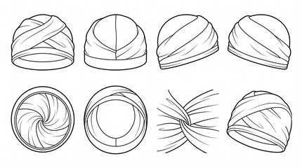 Obraz premium Turban Beanie Hat Technical Fashion Drawing Vector Outline Flat Sketch Template - Set of Multiple Angles and Views