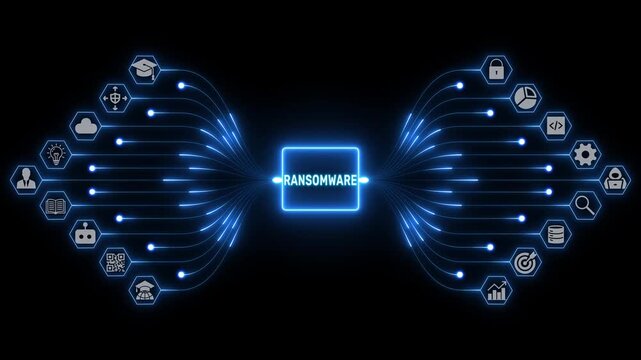 Organization concept with connected business icons and glowing pathways forming a corporate network on black background, transparent background 4k visuals