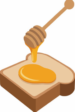 Hand traced vector illustration of a wooden honey dipper dripping golden honey onto a slice of toasted bread on a cutting board, warm breakfast food icon, kitchen culinary clipart