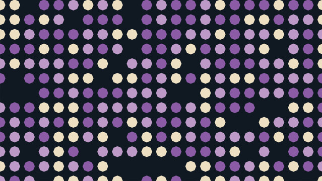 Abstract pattern of scattered purple and beige octagons on black
