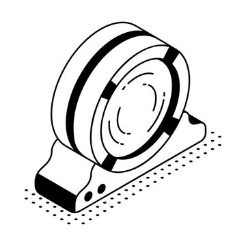 Isometric illustration of a circular time machine device with concentric rings, a central opening, and a sturdy angled support base, cleanly drawn.