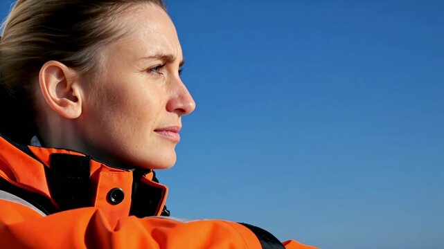 Woman marine researcher in an orange field jacket scanning an unse