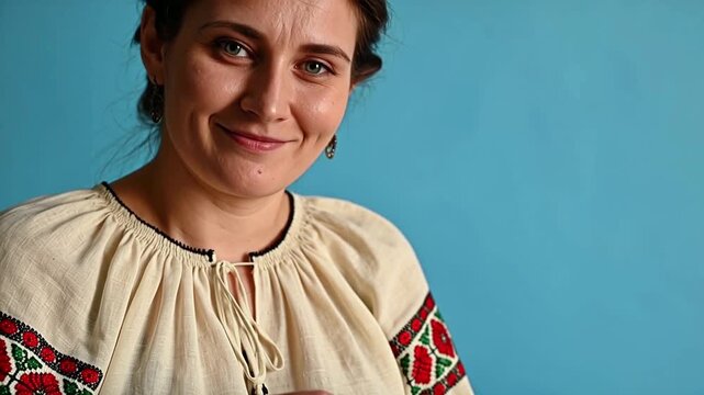 Woman embroiderer in a cream linen blouse studying an unseen half-