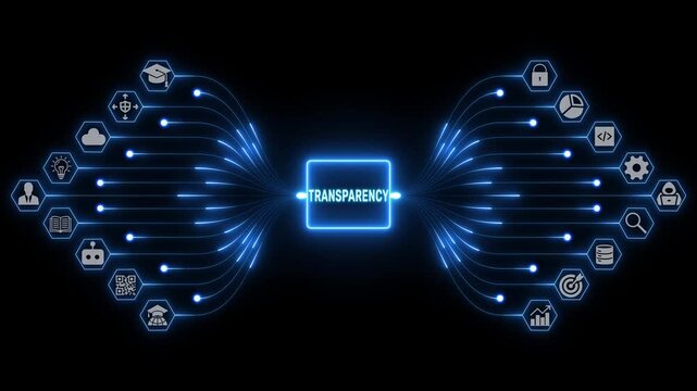 Transparency concept with connected business and technology icons linked by glowing blue digital pathways on a black background, representing openness, accountability and clear communication