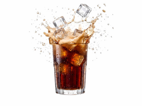 A dynamic high-speed explosion of a refreshing glass of dark cola floating in mid-air with crystal clear ice cubes and carbonated fizzy soda bubbles splashing aggressively upwards on a solid white bac