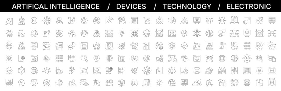 Mega set of 130 artificial intelligence and technology solid icons. AI devices, digital innovation, machine learning, future tech and electronic glyph vector symbols.