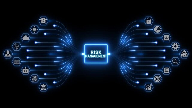 Risk Management concept with connected business icons and glowing blue pathways forming a secure corporate network on dark black background visual