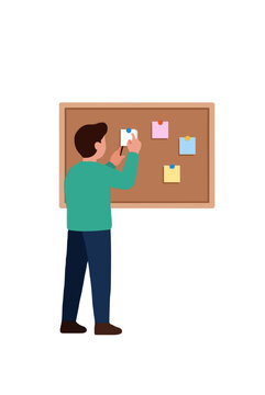 Hand-drawn vector illustration of a man pinning colorful sticky notes and papers onto a wooden corkboard, perfect for office, planning, reminder, organization, and brainstorm concept designs