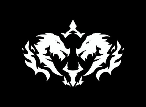 Fantasy heraldic emblem featuring a symmetrical twin wolf design with flames, sharp ornamental shapes, and a dark gothic aesthetic for gaming, esports, RPG, clan, or fantasy branding.
