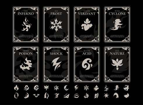 Fantasy elemental trading card template featuring fire, ice, earth, wind, poison, electric, water, and nature cards with ornate frames and matching elemental icons for RPG and TCG designs.