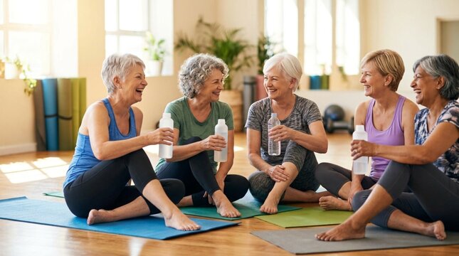 Group of smiling senior women sitting on yoga mats in sunlit fitness studio, holding water bottles during rest break, laughing together in wellness class
