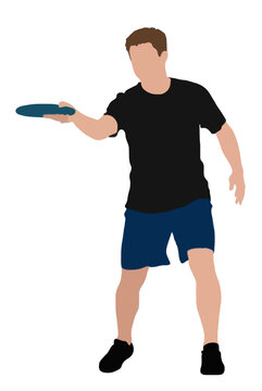 Vector illustration of an ultimate frisbee player catching a blue disc, hand-traced minimalist flat icon design showing athletic male figure in black shirt and blue shorts