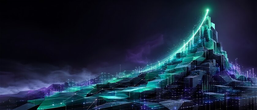Abstract digital mountain peak with glowing data network lines