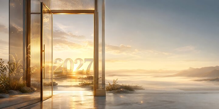 Golden 2027 numbers at sunrise through an open modern glass door