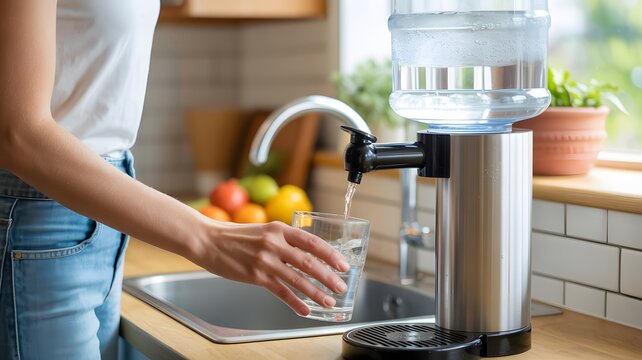 Person dispenses pure refreshing drinking water into a clear glass from a modern home cooler