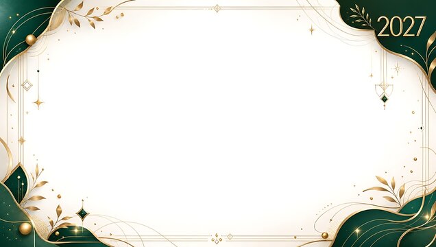 Elegant 2027 new year background with gold leaves and dark green accents