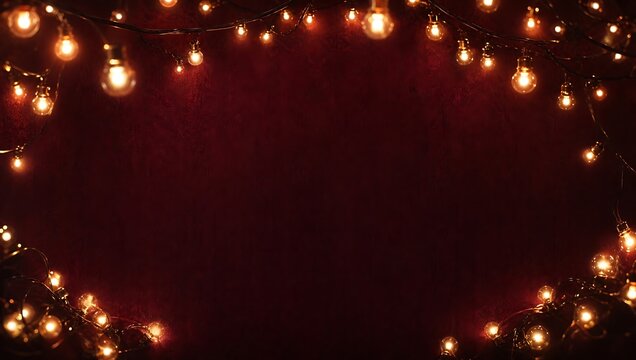 Festive string lights frame on a dark red textured background