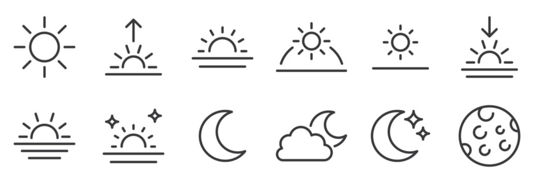 Time of Day and Night line icon set. Sunrise, sunset, morning, noon, evening, twilight, sun, crescent moon and night sky linear minimal vector illustration. Simple outline signs. Editable Stroke.
