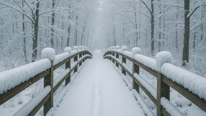 Fototapeta premium Serene snowy forest bridge pathway desktop wallpaper