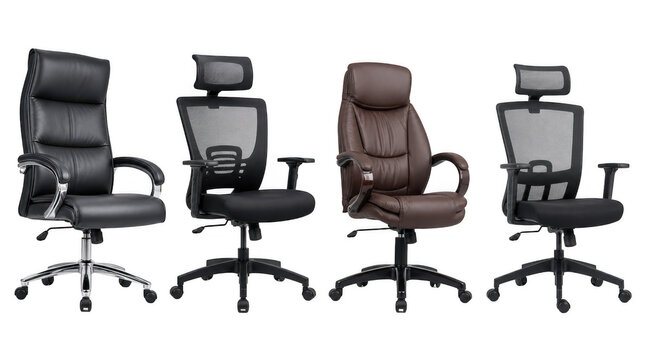 Set of ergonomic executive office chairs including black leather, brown leather, and breathable mesh models, concept of workplace comfort and ergonomic seating isolated on transparent background.