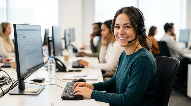 Smiling young woman with headset typing at bright modern call center desk with computer monitors and colleagues in background