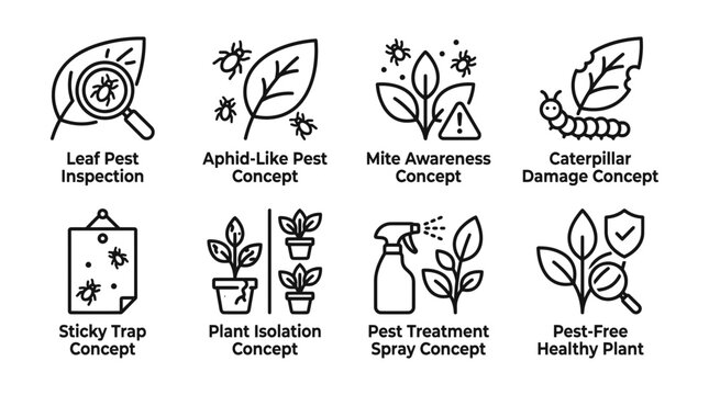 Botanical pest control vector graphic design set featuring various plant health management icons for professional gardening