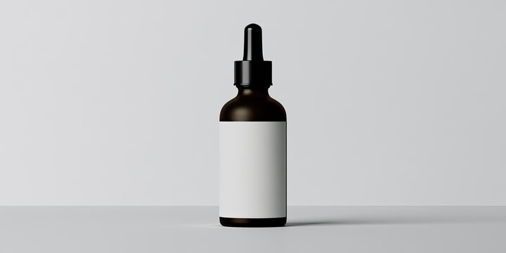 Dark glass dropper bottle with blank white label, minimal background