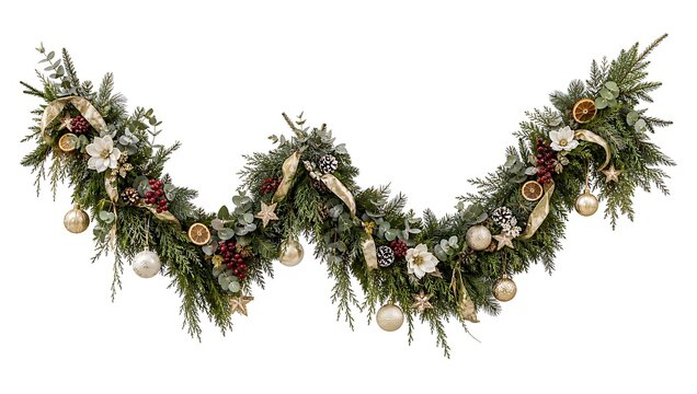 Christmas garland with ornaments and flowers isolated on white background