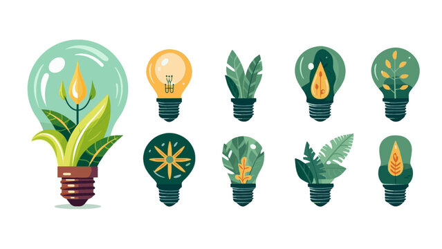 Green eco light bulb icon set featuring plant leaves growing inside lamps for green energy environment conservation isolated vector.
