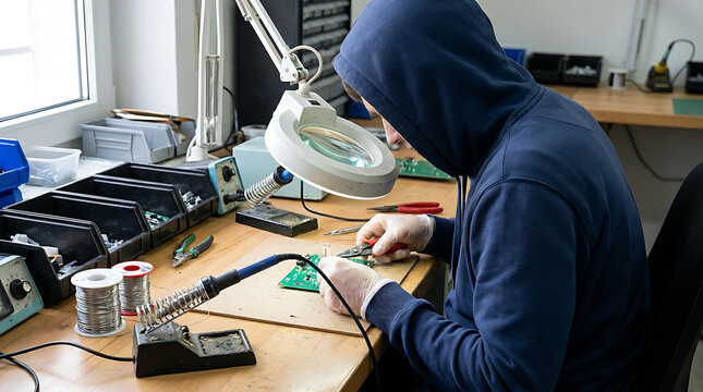 Electronics repair technician at work: A technician wearing a hoodie uses a magnifying lamp and soldering iron to repair an electronic circuit board in a workshop.