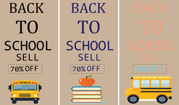 Set of three back to school retail banners with seventy percent off discount and educational icons on beige background.