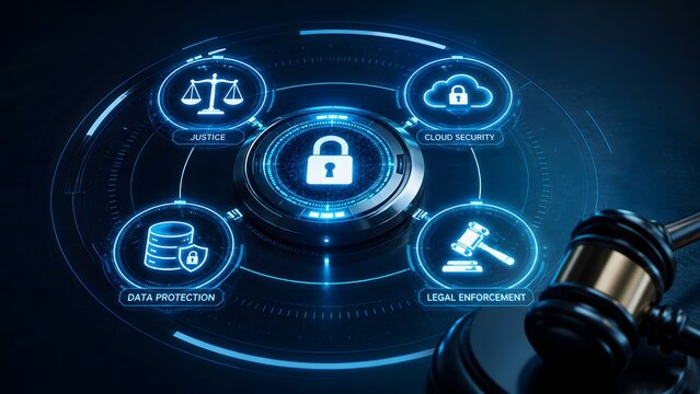 Abstract visualization of cyber security, data privacy regulations, legal system, and justice enforcement, demonstrating comprehensive digital protection measures.