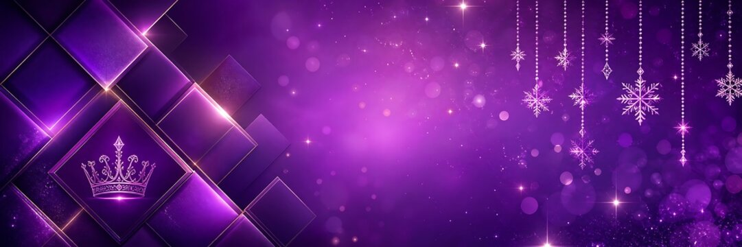 Luxury purple background with crown and hanging snowflakes