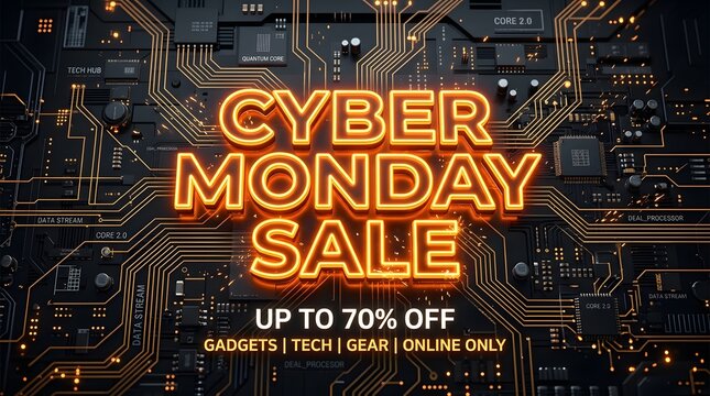 Cyber monday sale promotional banner with glowing orange circuit board background