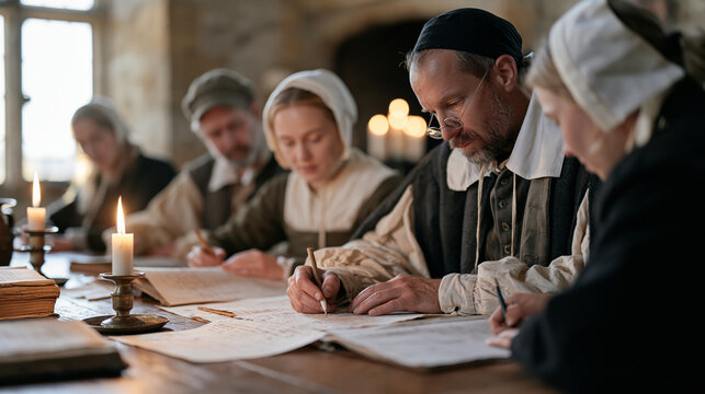 Historical interpreters in period costume gathered around a candlelit oak table inside a stone manor examine handwritten medical ledgers together, the soft flame light and