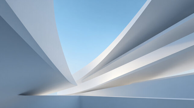 Modern abstract architectural background featuring sweeping monumental white structural lines intersecting at different depths, dramatic perspective, soft natural illumination