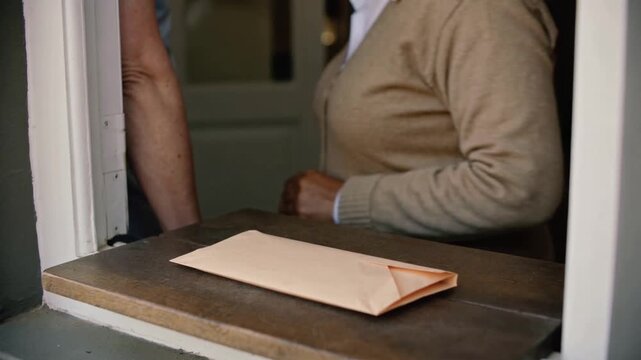 Placing senior woman patting sealed manila envelope on sill in beige cardigan for neighbor handoff