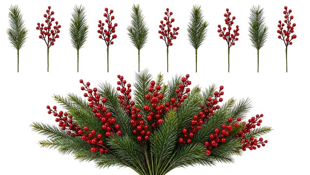 Christmas pine branches with red berries isolated on white background