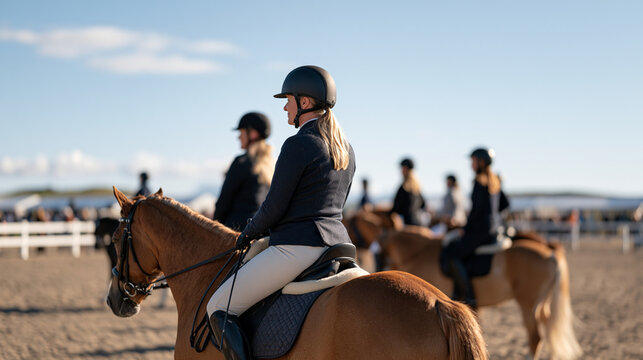 Horse riding instructor guides a diverse group of adult learners through a busy equestrian showground where geothermal energy demonstration banners hang between stable blocks, the