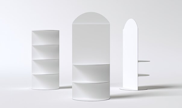 Three white retail display stands with shelves against a white background