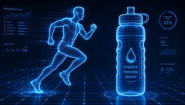 Digital wireframe of a runner and water bottle with fitness data