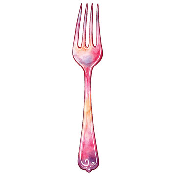 Pink metal fork with tines up.