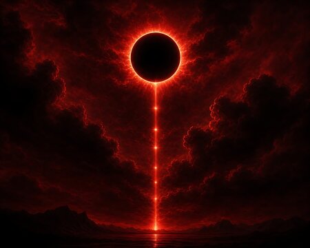 Dark red solar eclipse with a glowing beam of light over a landscape