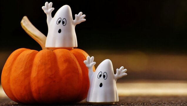 Two cute ghost figurines with a pumpkin for halloween