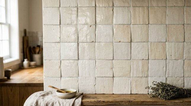 Handmade cream off-white zellige ceramic tile wall with rustic square texture, wooden countertop, bowl, spoon, and dried herbs in sunlit kitchen interior, Moroccan artisan craftsmanship